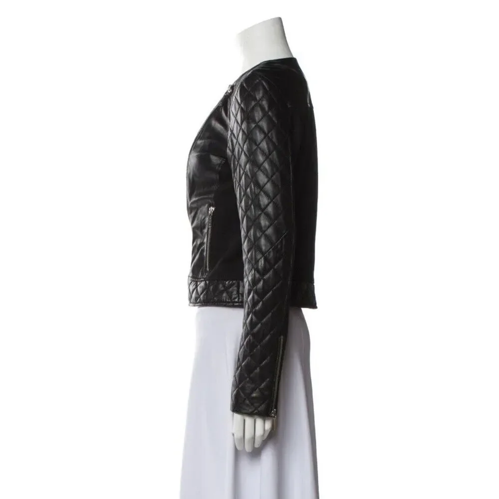 Michael Kors Lamb Leather Biker Jacket Small Black Zip Front Pockets Quilted - Picture 2 of 10